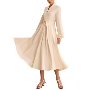 Commense Apricot Belted Button-Front Midi Dress XS Butter Yellow Long Sleeve NWT